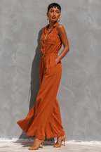 Rust Orange One-Shoulder Crop Top & Fringe Wide-Leg Set