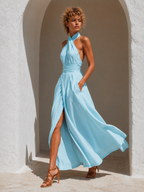 Women's Light Blue Linen-Blend Halter Neck Wrap Maxi Dress With Waist Tie & Front Slit, Timeless Resort-Chic Style Dress MDZ1473D5LYL