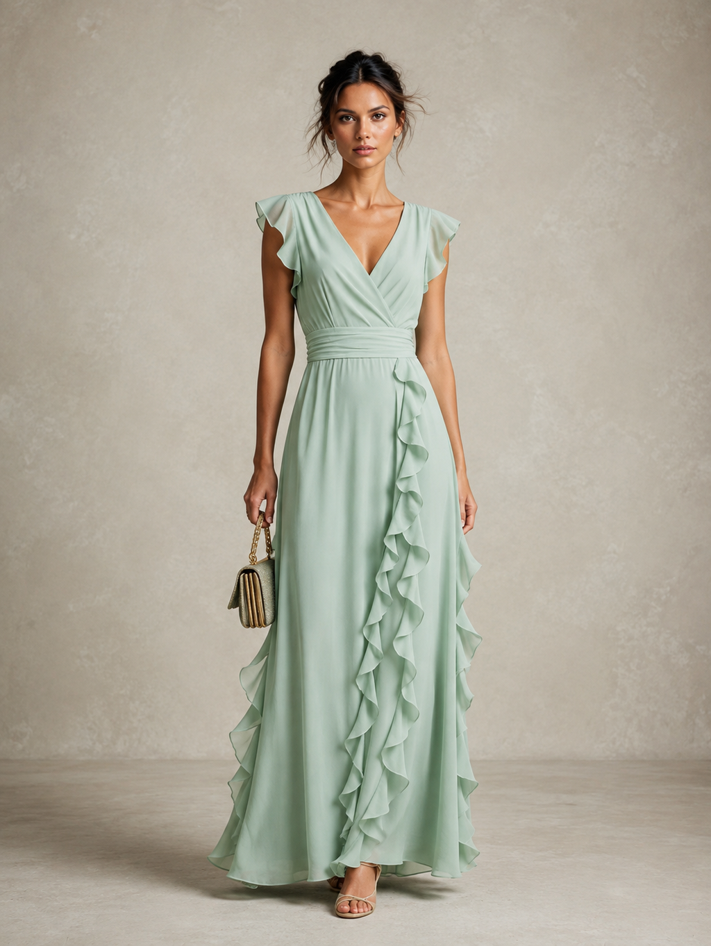 Women's Romantic Olive Green Chiffon Ruffled Short-Sleeved Fitted Waist Slit Long Dress MDZ1731D0GMJ
