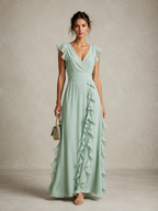 Women's Romantic Olive Green Chiffon Ruffled Short-Sleeved Fitted Waist Slit Long Dress MDZ1731D0GMJ