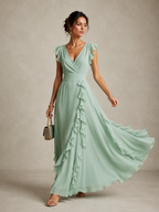 Women's Romantic Olive Green Chiffon Ruffled Short-Sleeved Fitted Waist Slit Long Dress MDZ1731D0GMJ