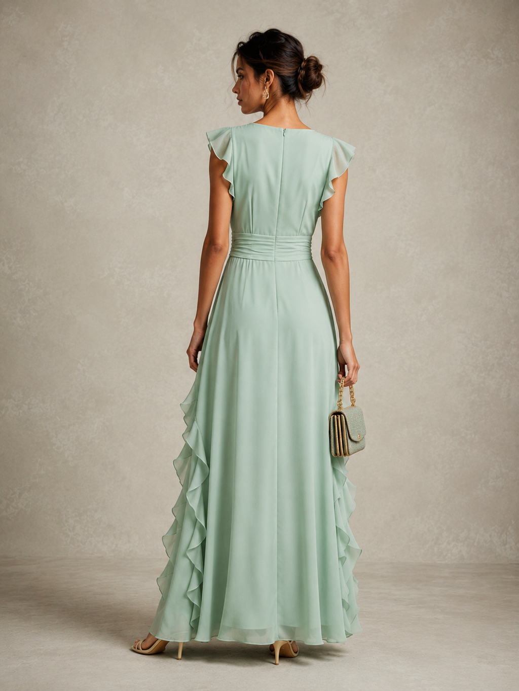 Women's Romantic Olive Green Chiffon Ruffled Short-Sleeved Fitted Waist Slit Long Dress MDZ1731D0GMJ