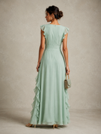 Women's Romantic Olive Green Chiffon Ruffled Short-Sleeved Fitted Waist Slit Long Dress MDZ1731D0GMJ