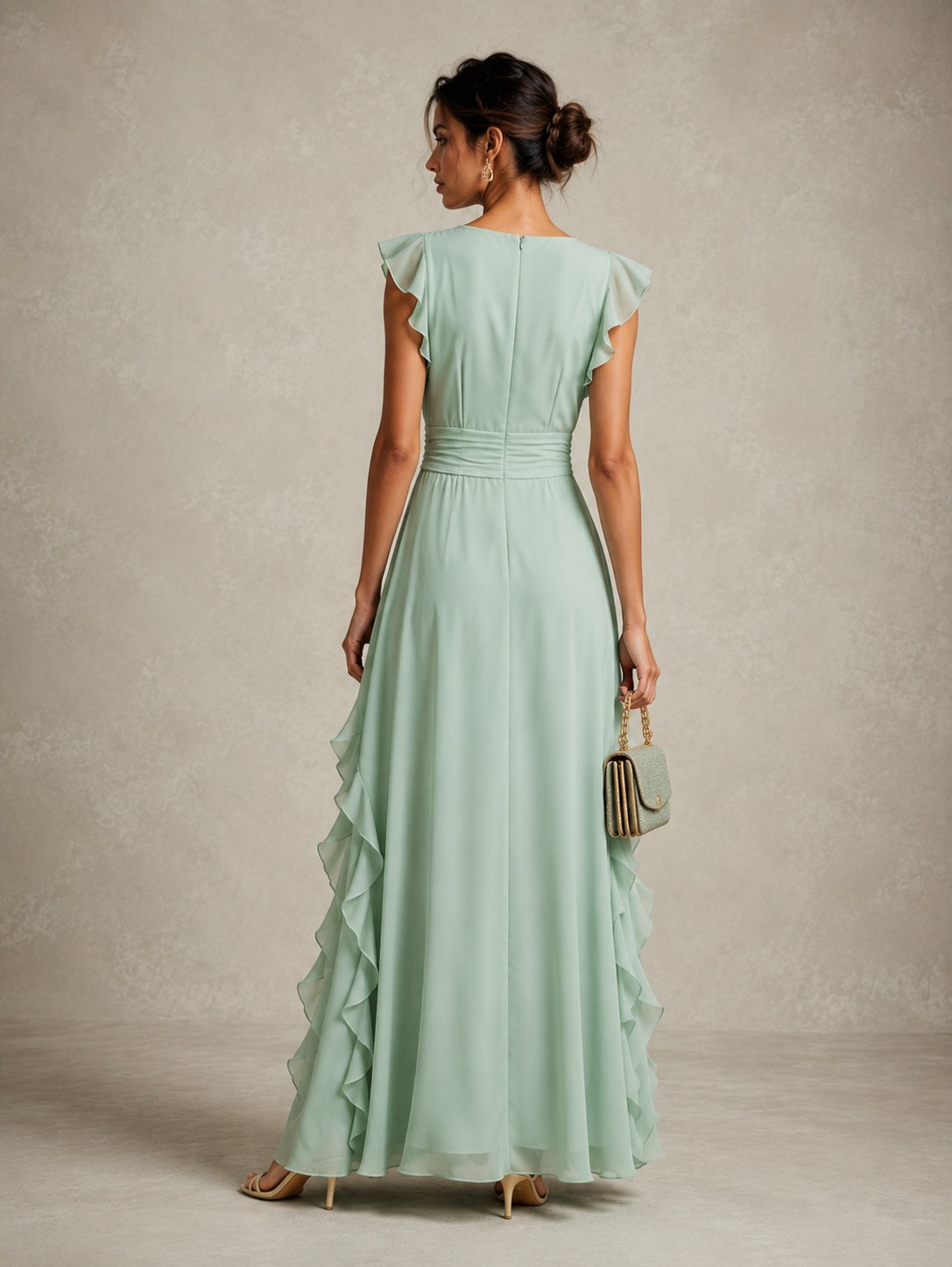 Women's Romantic Olive Green Chiffon Ruffled Short-Sleeved Fitted Waist Slit Long Dress MDZ1731D0GMJ