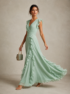 Women's Romantic Olive Green Chiffon Ruffled Short-Sleeved Fitted Waist Slit Long Dress MDZ1731D0GMJ
