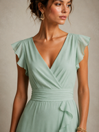 Women's Romantic Olive Green Chiffon Ruffled Short-Sleeved Fitted Waist Slit Long Dress MDZ1731D0GMJ