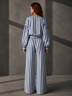 Navy Satin V-Neck Shirt & Color-Block Striped Wide-Leg Set