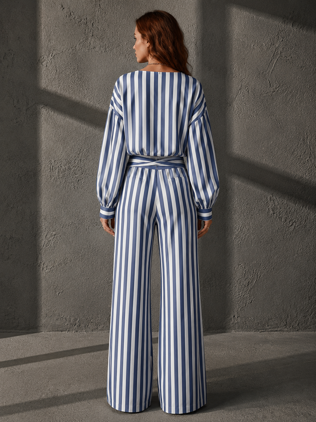 Navy Satin V-Neck Shirt & Color-Block Striped Wide-Leg Set
