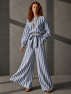 Navy Satin V-Neck Shirt & Color-Block Striped Wide-Leg Set