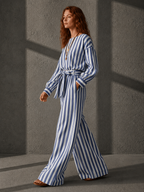 Navy Satin V-Neck Shirt & Color-Block Striped Wide-Leg Set