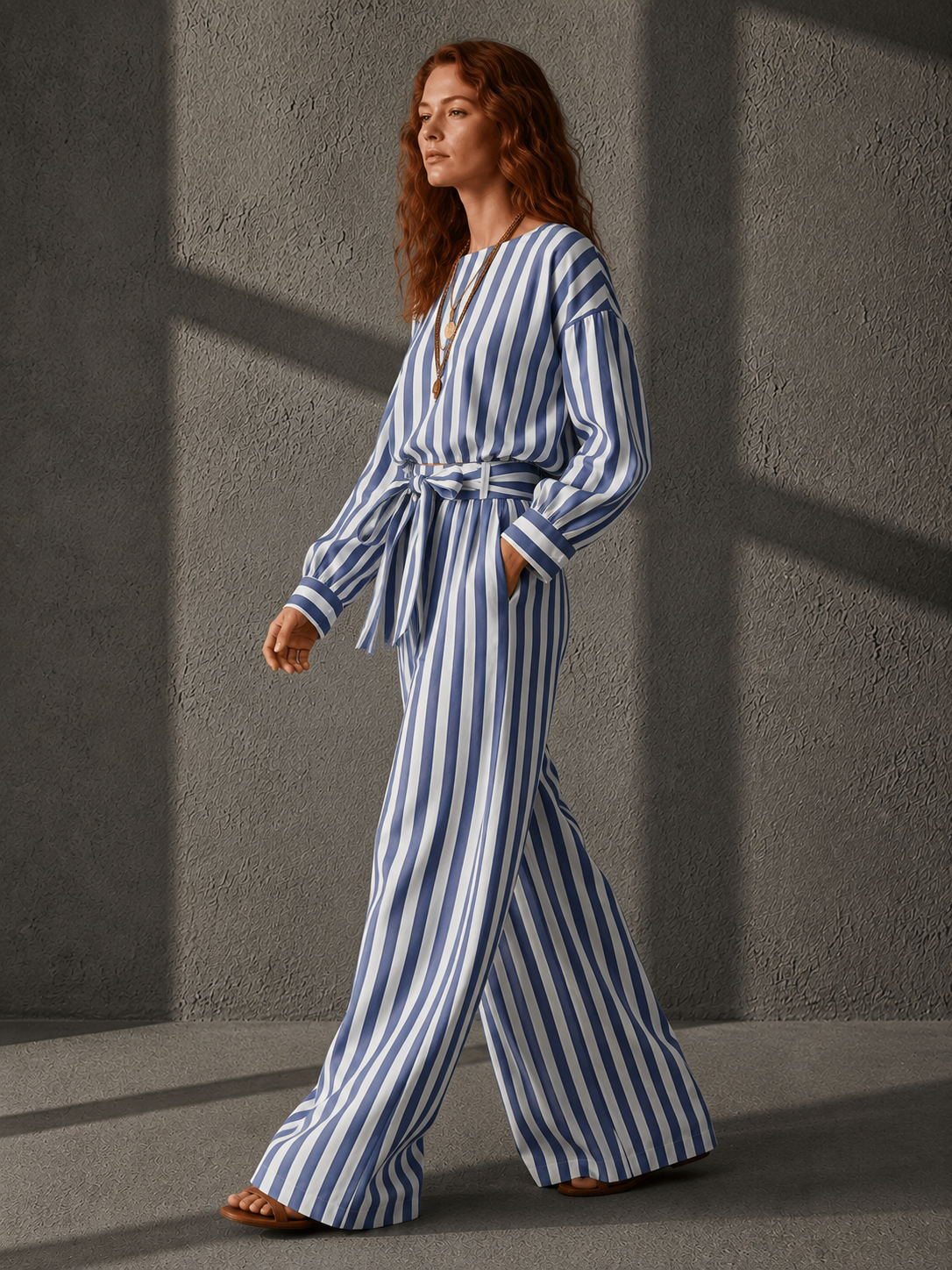Navy Satin V-Neck Shirt & Color-Block Striped Wide-Leg Set
