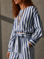 Navy Satin V-Neck Shirt & Color-Block Striped Wide-Leg Set