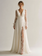 Women's Ivory Linen Puff Sleeve Maxi Dress With Plunging Neck & Ruffle Trim, Timeless Romantic-Chic Style Dress MDZ1561D5LYL