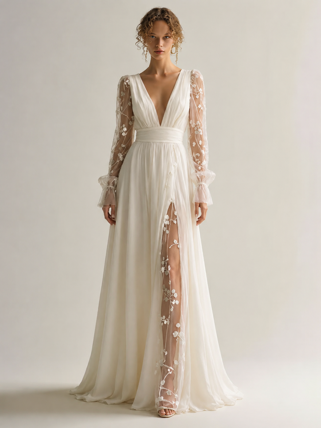 Women's Ivory Linen Puff Sleeve Maxi Dress With Plunging Neck & Ruffle Trim, Timeless Romantic-Chic Style Dress MDZ1561D5LYL