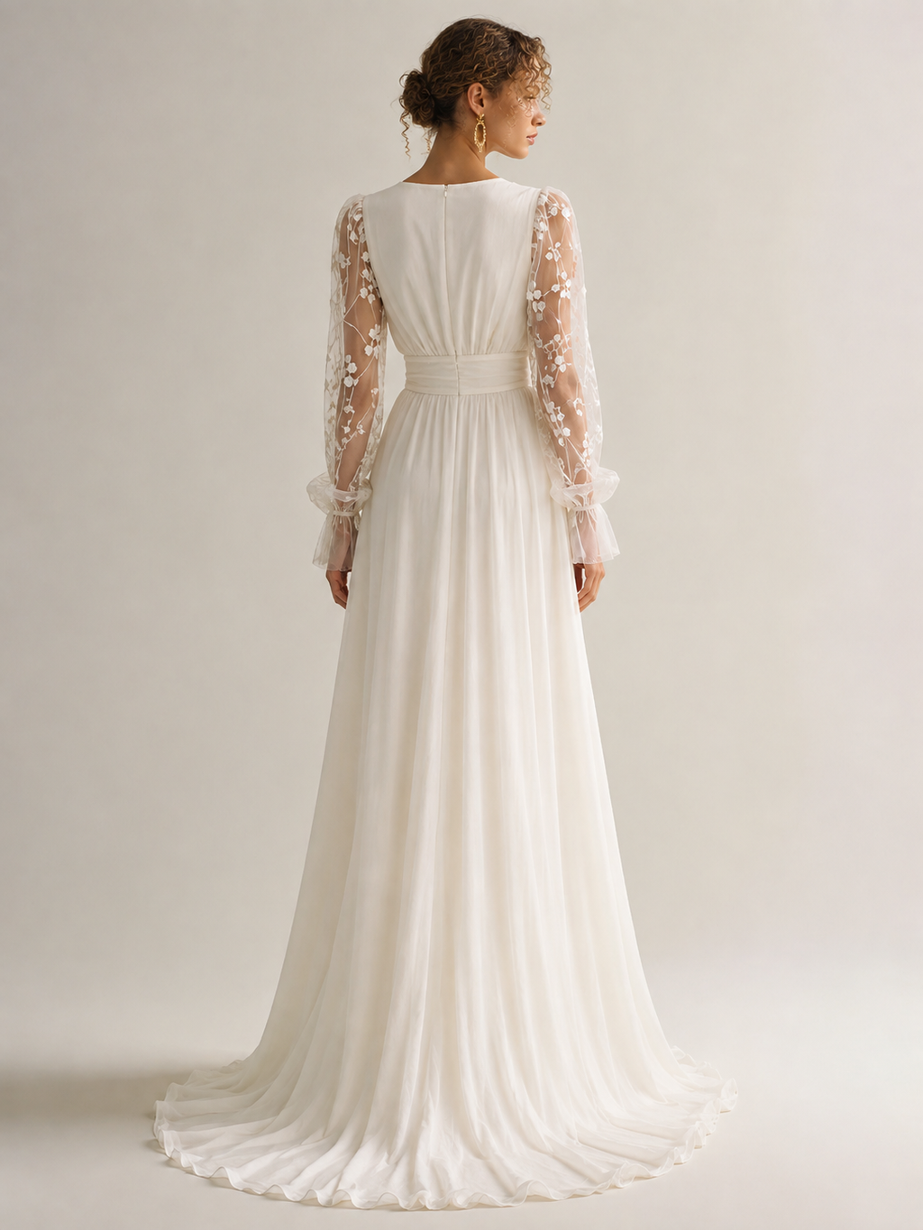 Women's Ivory Linen Puff Sleeve Maxi Dress With Plunging Neck & Ruffle Trim, Timeless Romantic-Chic Style Dress MDZ1561D5LYL