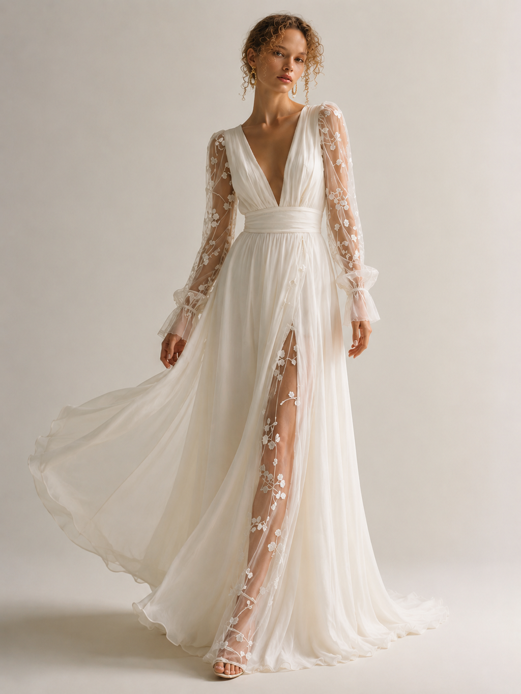 Women's Ivory Linen Puff Sleeve Maxi Dress With Plunging Neck & Ruffle Trim, Timeless Romantic-Chic Style Dress MDZ1561D5LYL