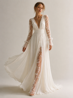 Women's Ivory Linen Puff Sleeve Maxi Dress With Plunging Neck & Ruffle Trim, Timeless Romantic-Chic Style Dress MDZ1561D5LYL