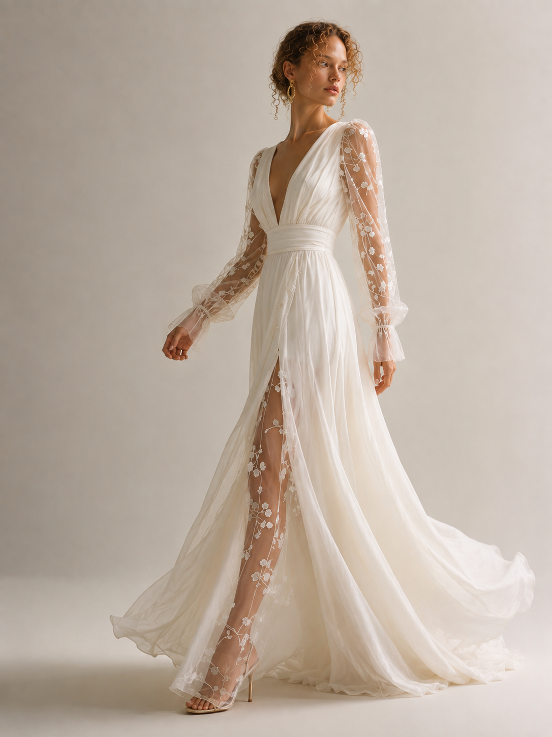 Women's Ivory Linen Puff Sleeve Maxi Dress With Plunging Neck & Ruffle Trim, Timeless Romantic-Chic Style Dress MDZ1561D5LYL