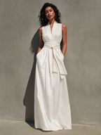 Ivory Chiffon Boat Neck Knotted Waist Dress