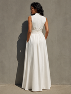 Ivory Chiffon Boat Neck Knotted Waist Dress