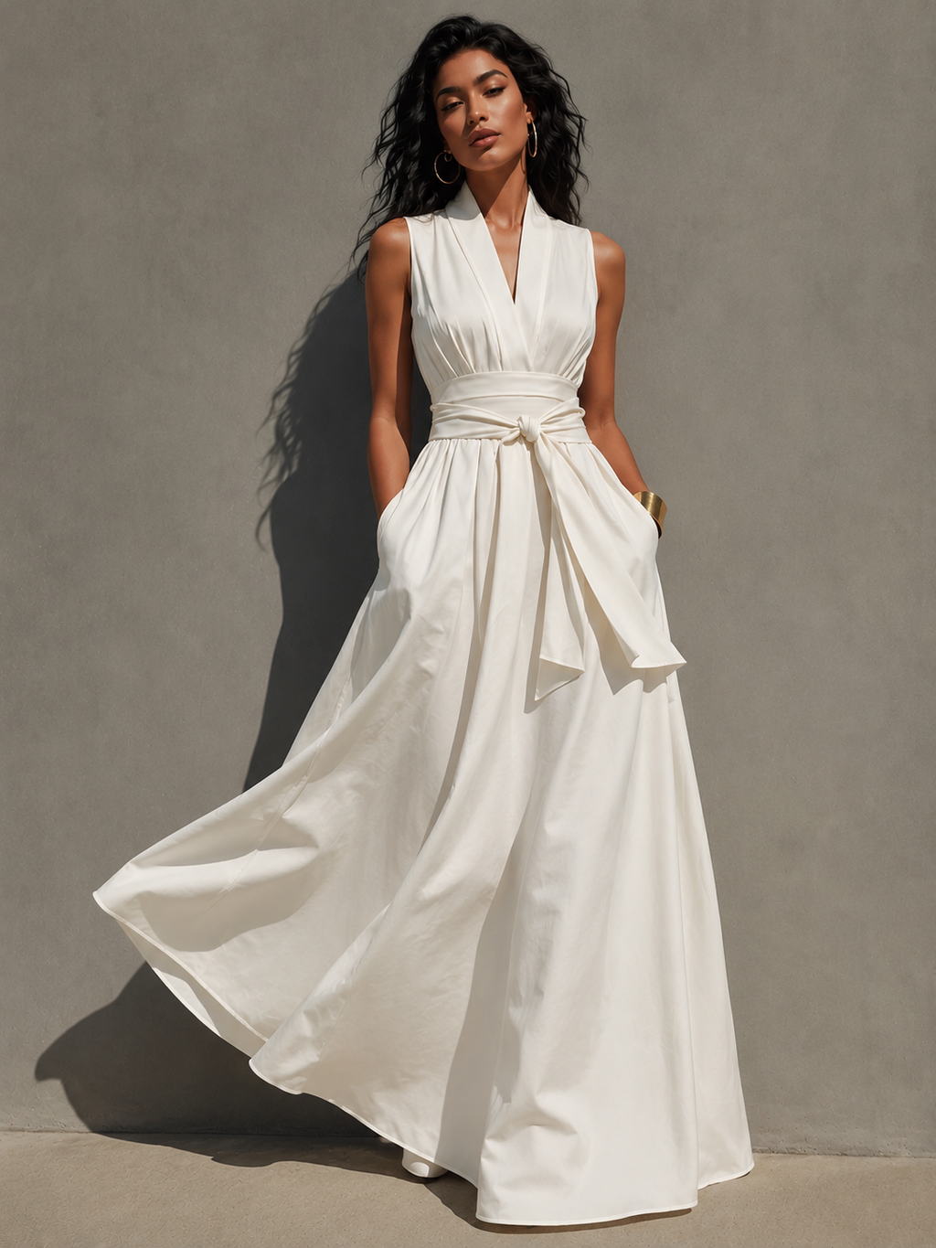 Ivory Chiffon Boat Neck Knotted Waist Dress