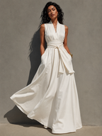 Ivory Chiffon Boat Neck Knotted Waist Dress