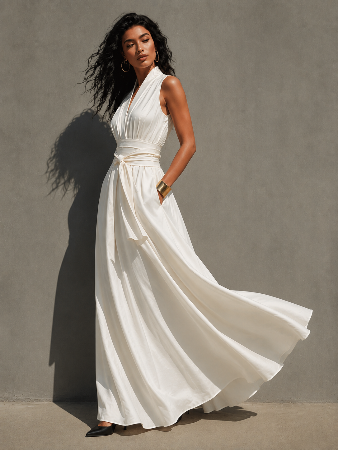 Ivory Chiffon Boat Neck Knotted Waist Dress