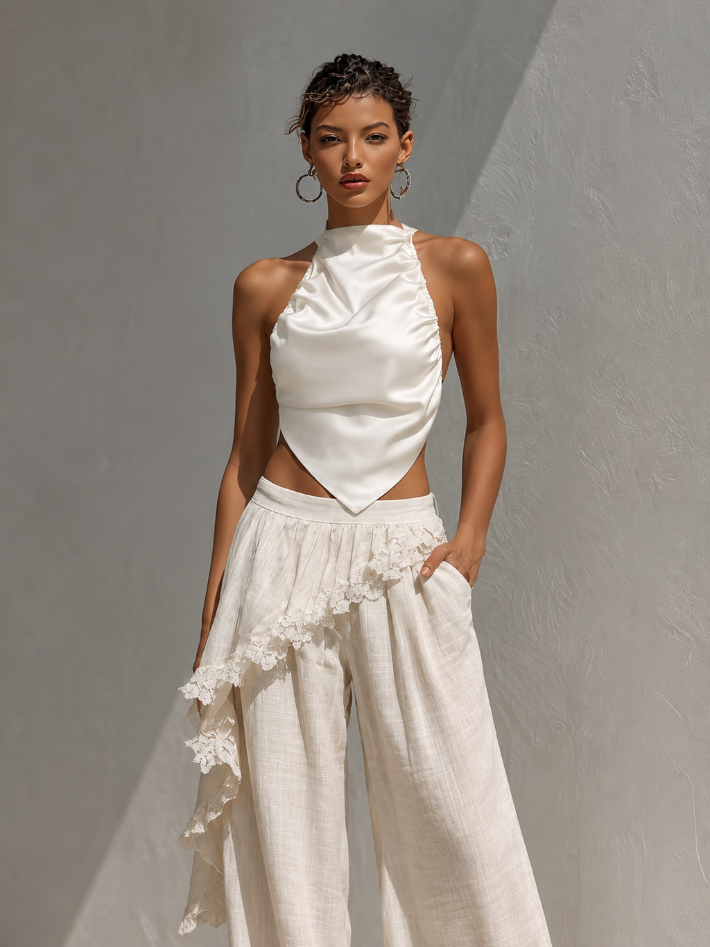 Ivory Satin One-Shoulder Asymmetrical Hem Crop Top
