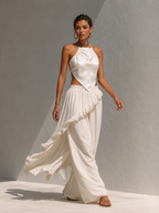 Ivory Satin One-Shoulder Asymmetrical Hem Crop Top