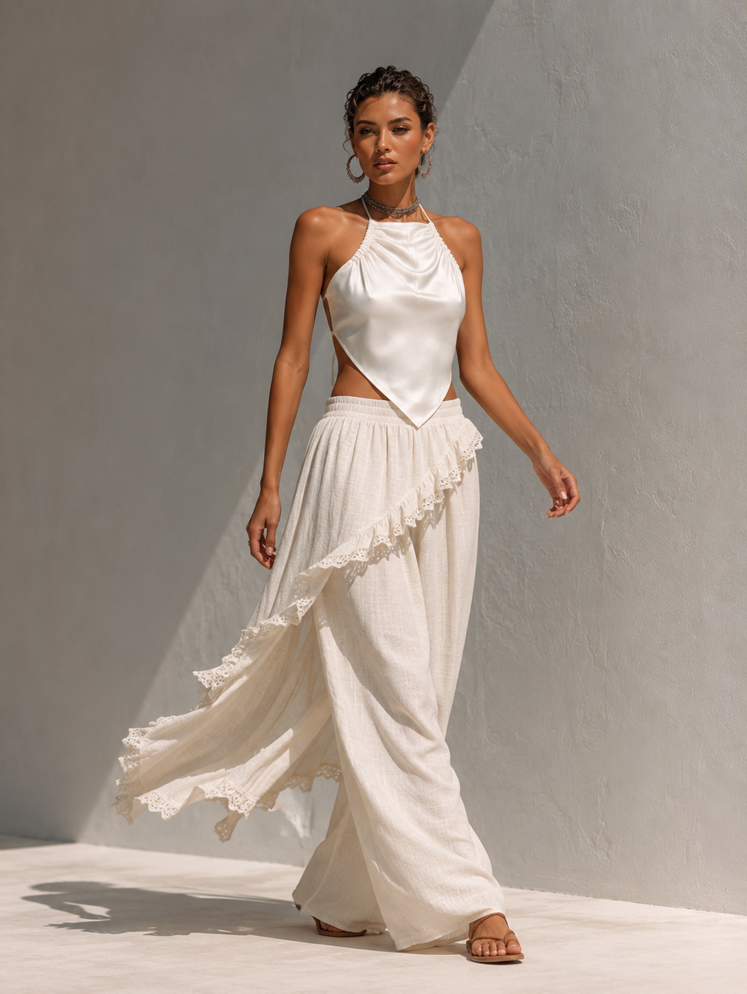 Ivory Satin One-Shoulder Asymmetrical Hem Crop Top