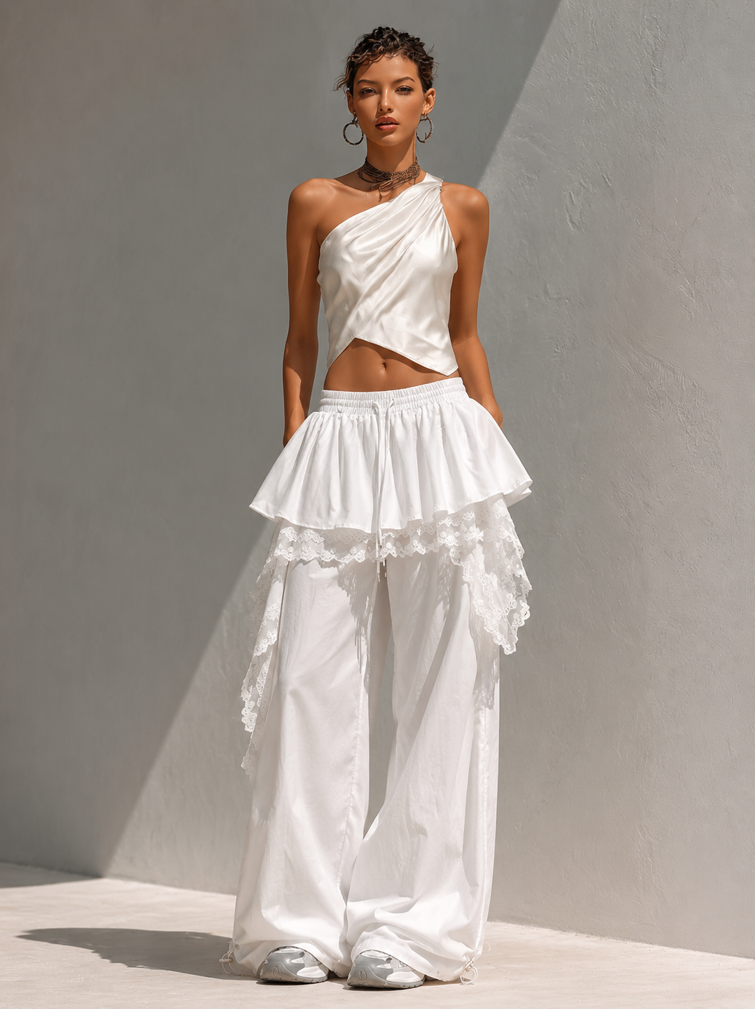 Beige Linen Lace-Trim High-Waisted Wide-Leg Trousers