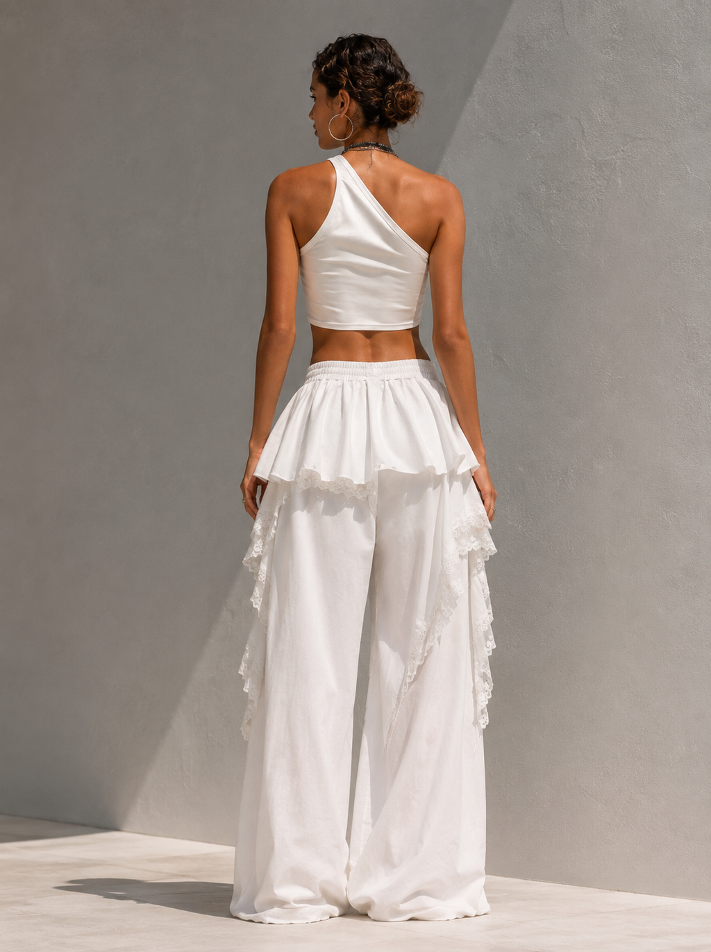 Beige Linen Lace-Trim High-Waisted Wide-Leg Trousers
