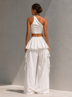 Beige Linen Lace-Trim High-Waisted Wide-Leg Trousers