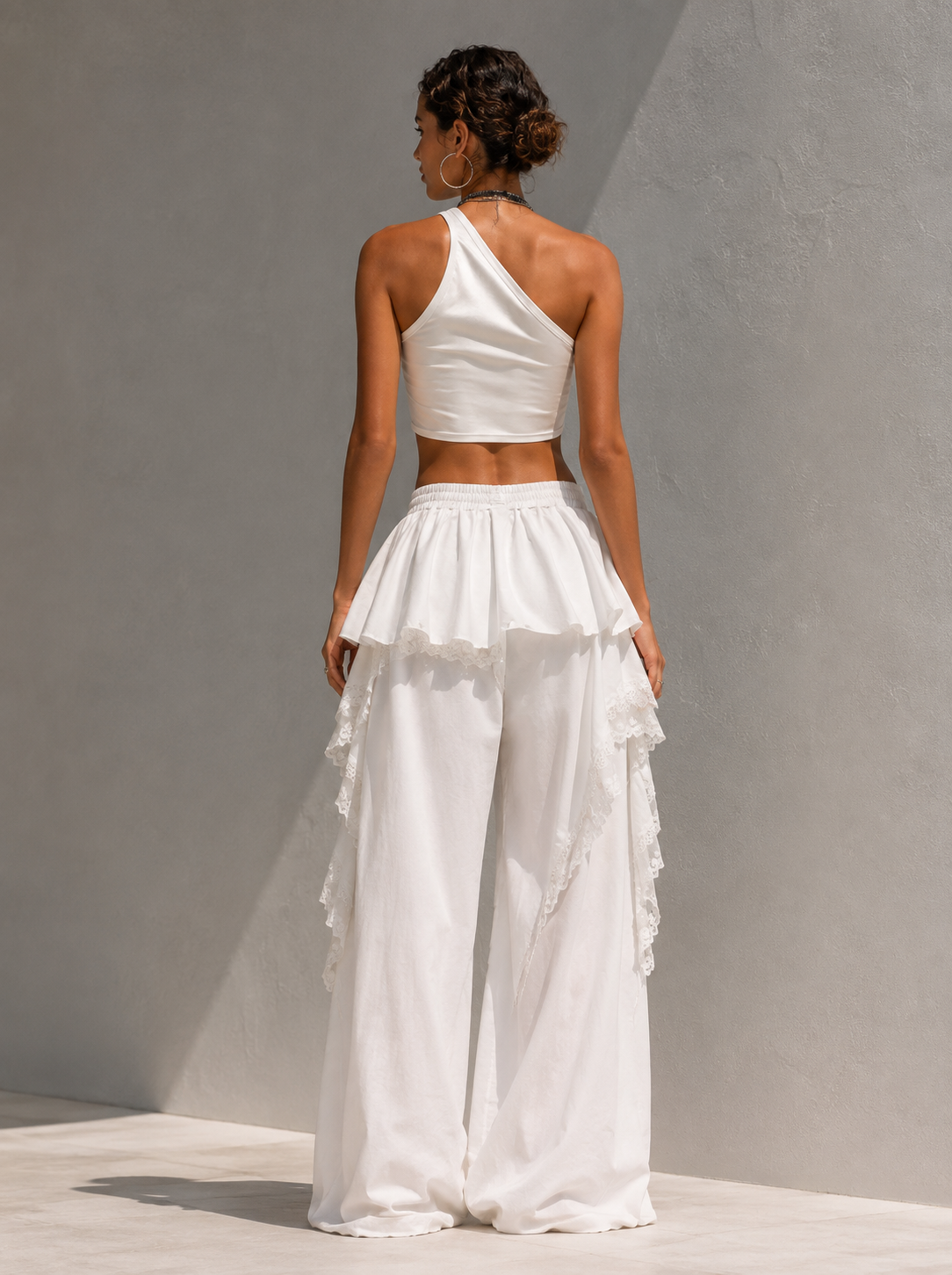 Beige Linen Lace-Trim High-Waisted Wide-Leg Trousers