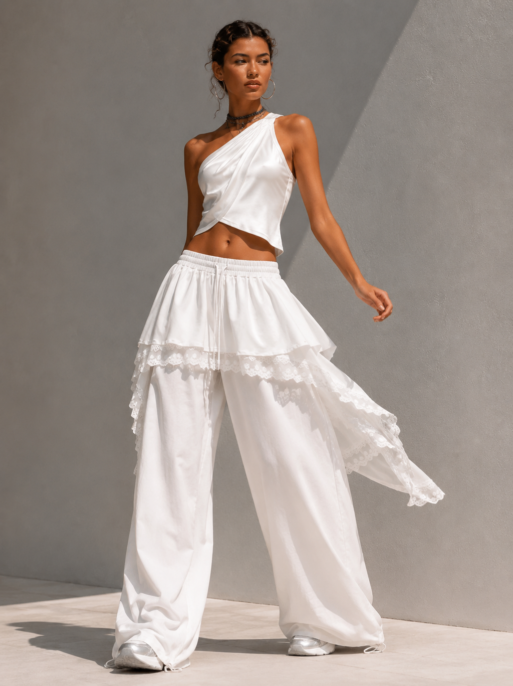 Beige Linen Lace-Trim High-Waisted Wide-Leg Trousers