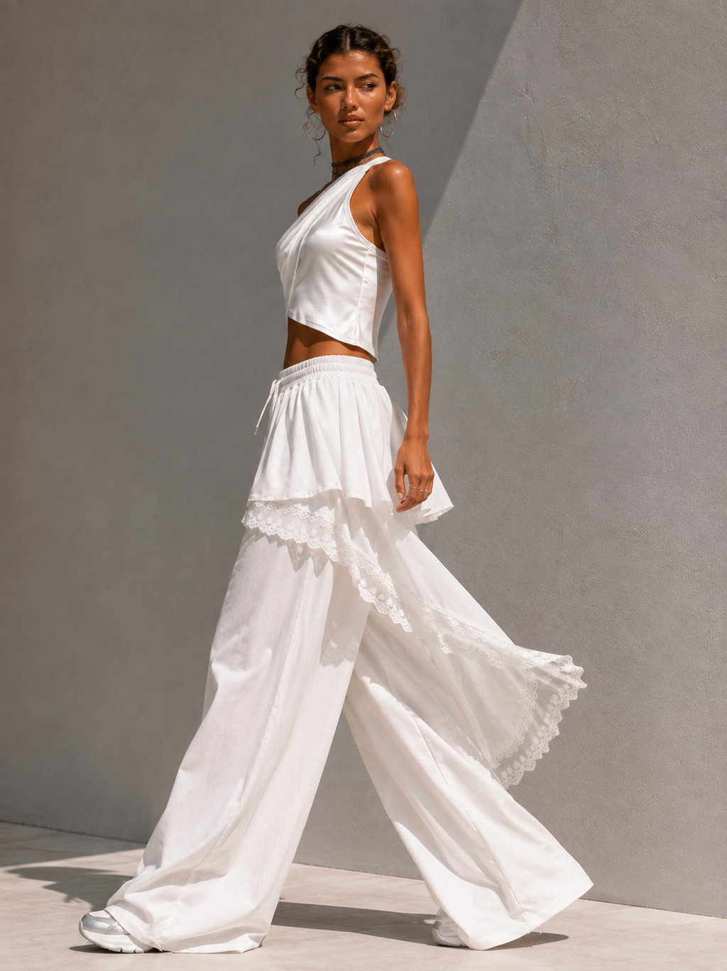 Beige Linen Lace-Trim High-Waisted Wide-Leg Trousers
