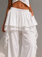 Beige Linen Lace-Trim High-Waisted Wide-Leg Trousers