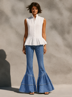 Navy Flared Jeans With Layered Ruffle Hem