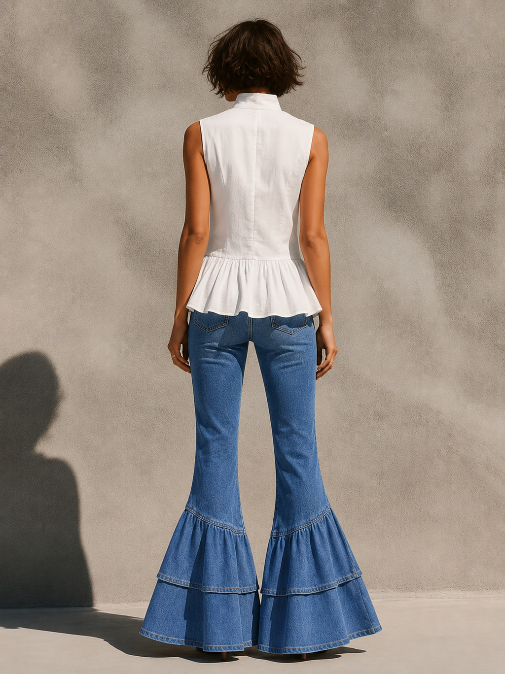 Navy Flared Jeans With Layered Ruffle Hem