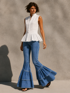 Navy Flared Jeans With Layered Ruffle Hem