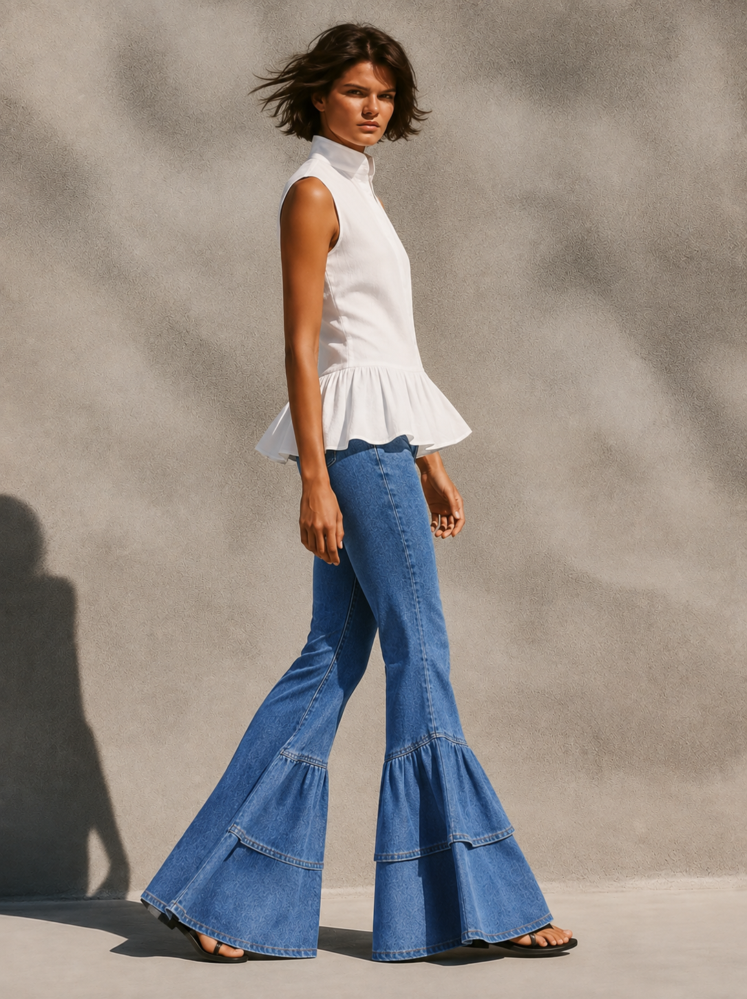 Navy Flared Jeans With Layered Ruffle Hem