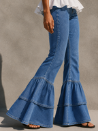 Navy Flared Jeans With Layered Ruffle Hem