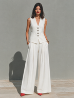 Ivory Linen Cropped Blazer & Pleated Wide-Leg Set