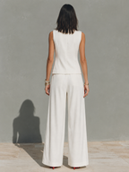 Ivory Linen Cropped Blazer & Pleated Wide-Leg Set