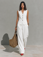 Ivory Linen Cropped Blazer & Pleated Wide-Leg Set