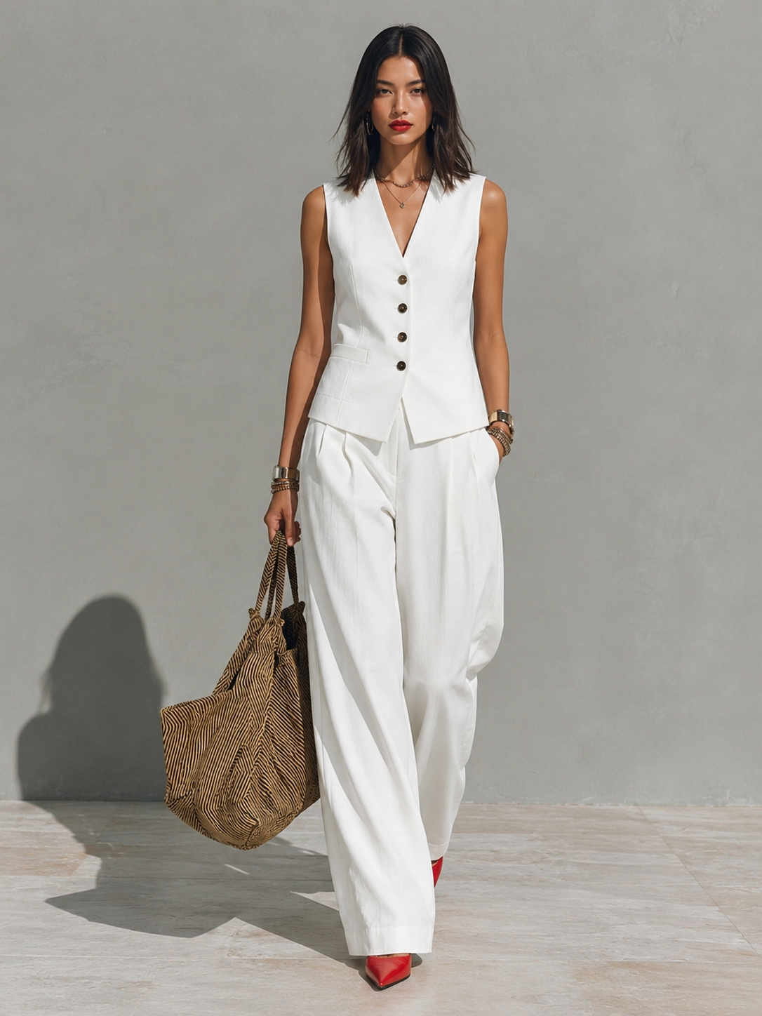 Ivory Linen Cropped Blazer & Pleated Wide-Leg Set