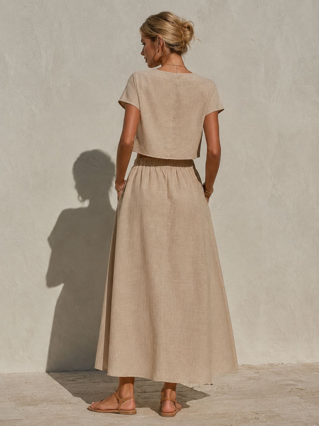 Khaki Cotton High-Waisted Bubble Midi Skirt