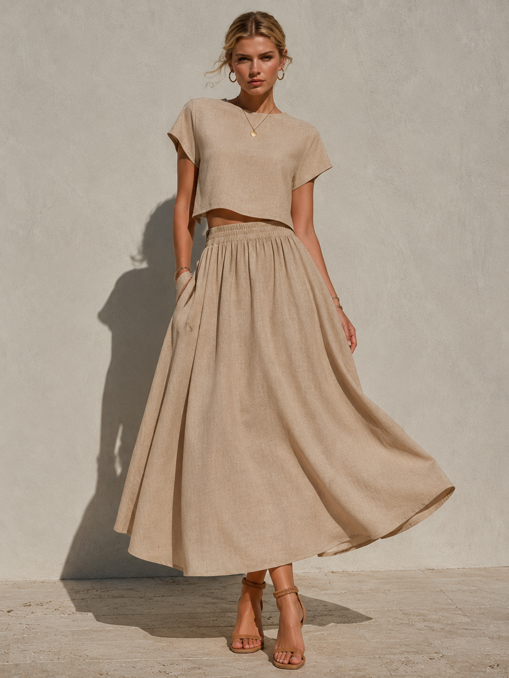 Khaki Cotton High-Waisted Bubble Midi Skirt