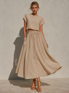 Khaki Cotton High-Waisted Bubble Midi Skirt