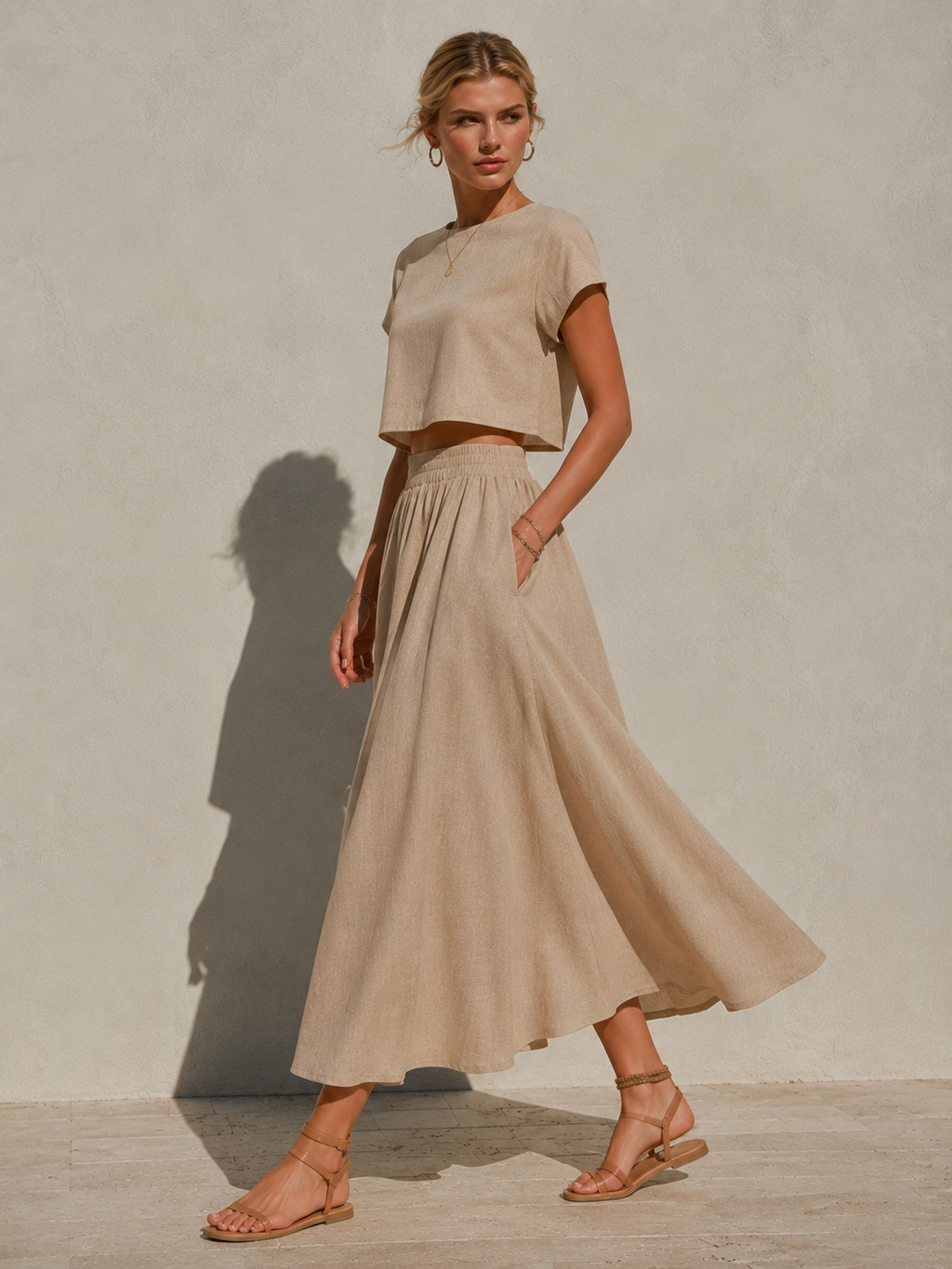 Khaki Cotton High-Waisted Bubble Midi Skirt